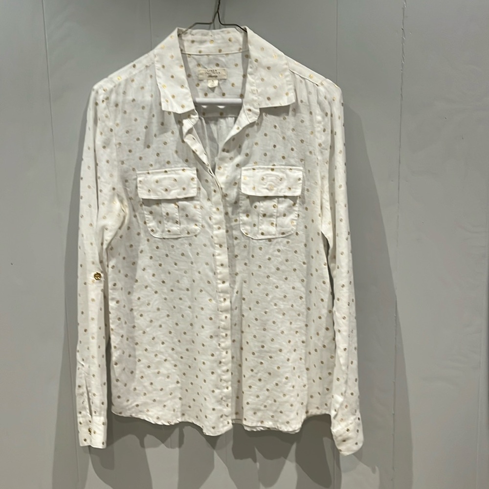 Charter Club Luxury Linen blouse with gold polka dots. Button down front & cuffs